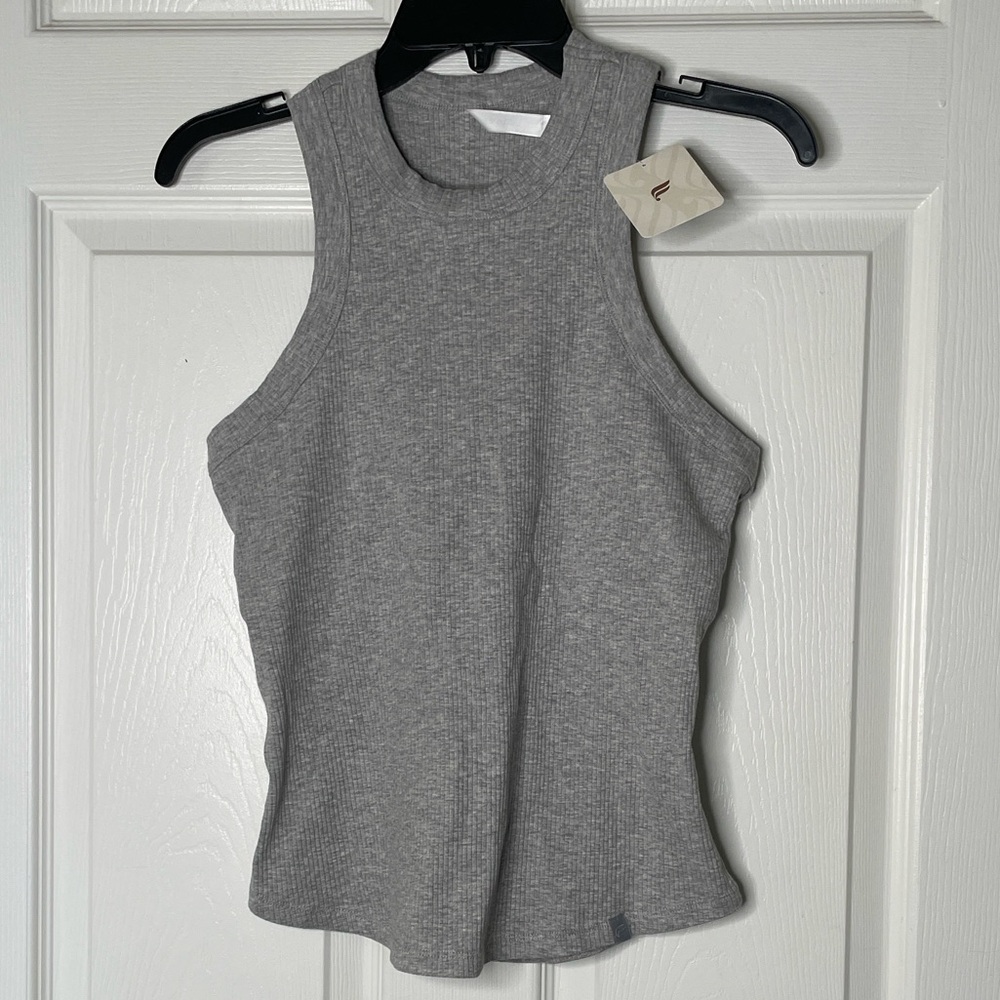 NWT Fabletics High Neck Ribbed Tank Top Cotton Blend Classic Grey Heather